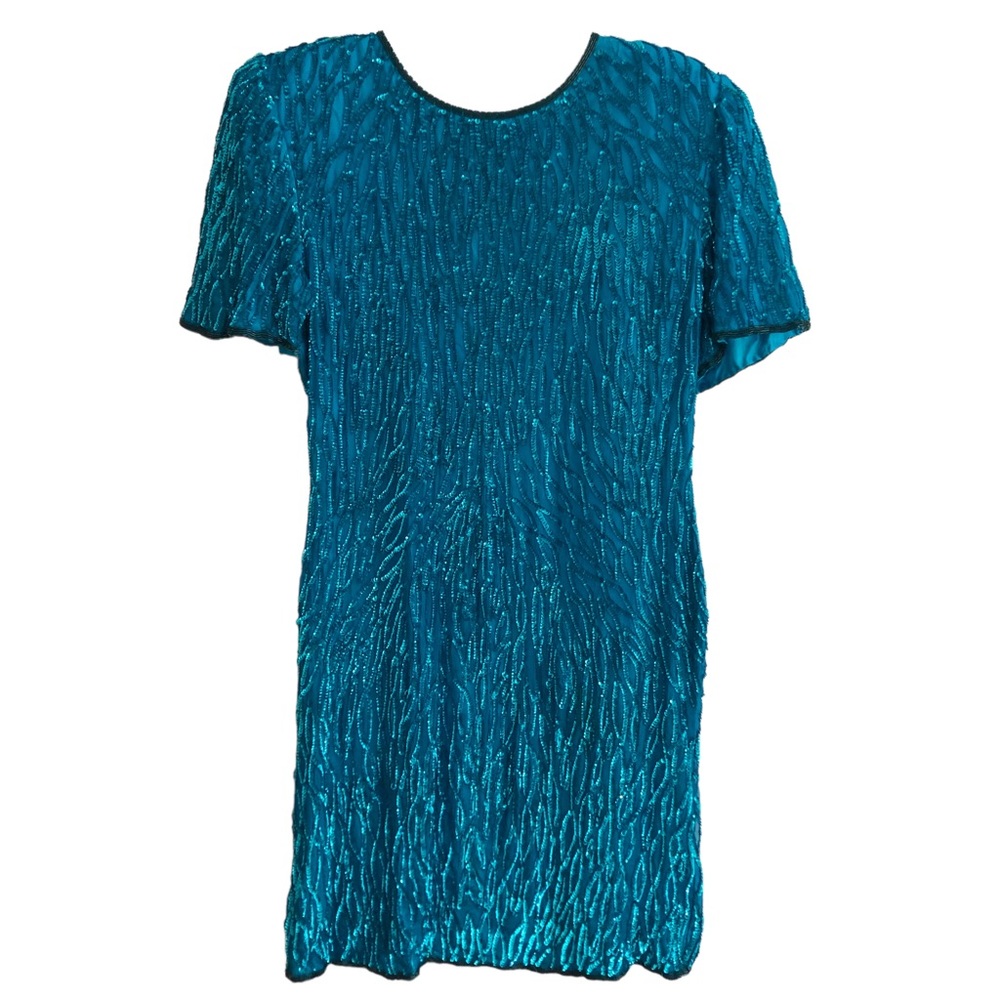 Lawrence Kazar Sparkling Vintage Turquoise Silk Sequin Dress LP EUC